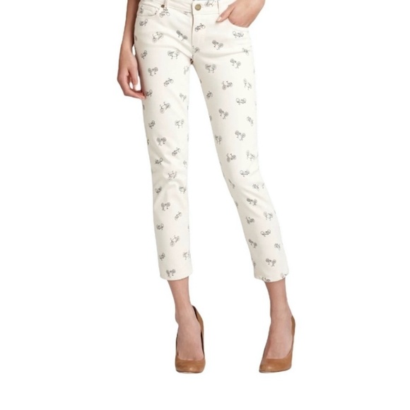 Paige Kylie Cropped Bicycle Print Cruiser Skinny Jeans Taupe Size 30 - Picture 3 of 16